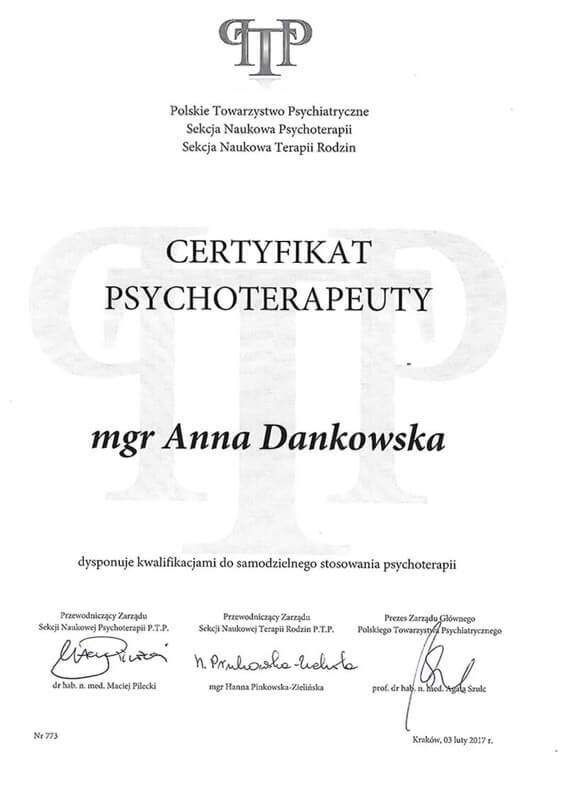Certyfikaty - mgr Anna Dankowska - Klinika Mazana
