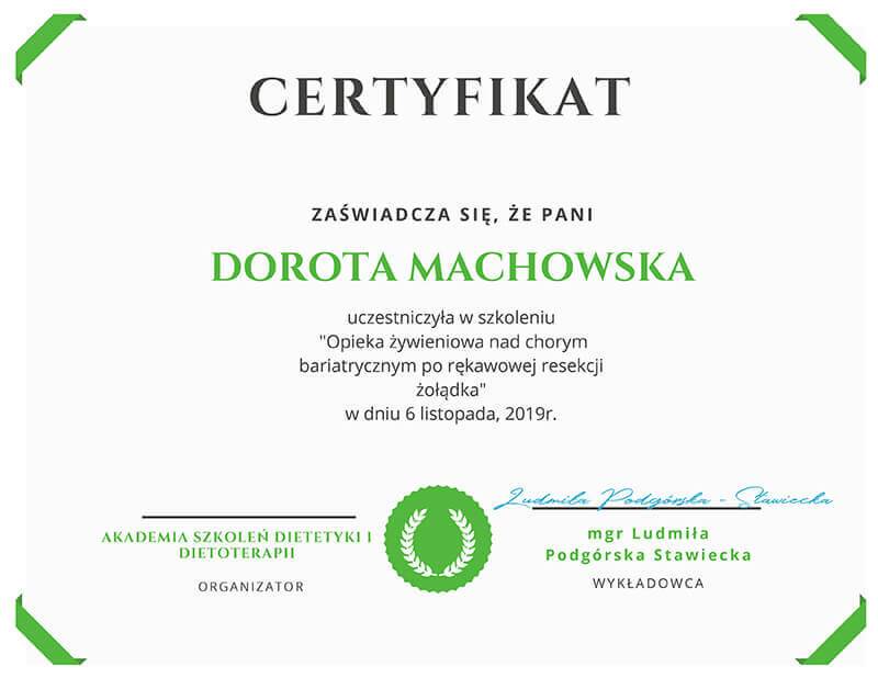 Certyfikaty - mgr Dorota Machowska - Klinika Mazana