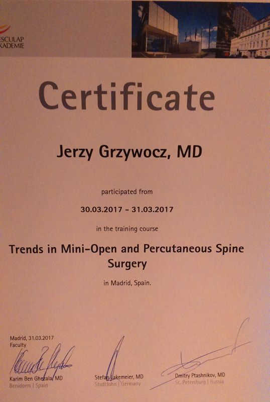Certyfikaty - Dr n. med. Jerzy Grzywocz - Klinika Mazana