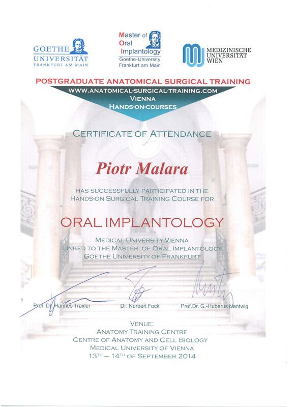Certyfikaty - Dr hab. n. med. Piotr Malara - Klinika Mazana