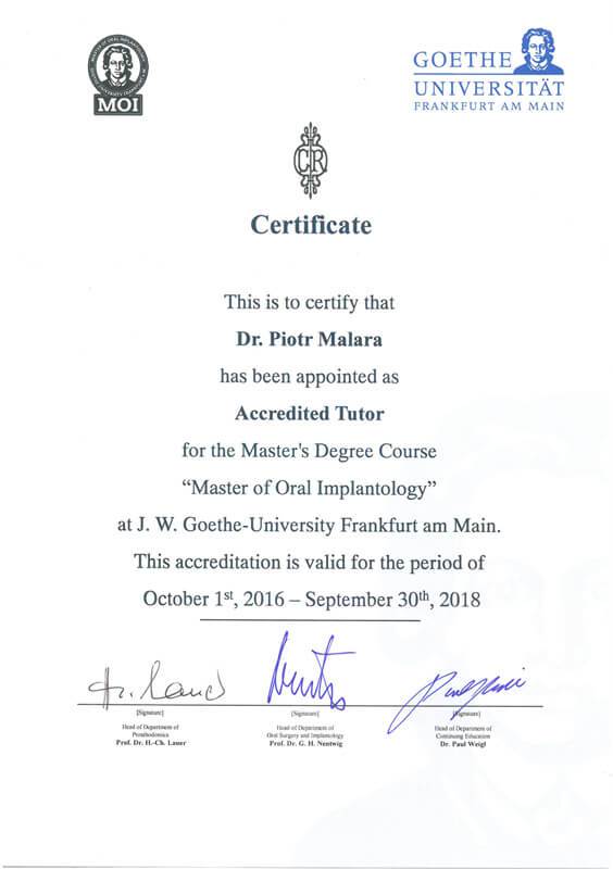 Certyfikaty - Dr hab. n. med. Piotr Malara - Klinika Mazana