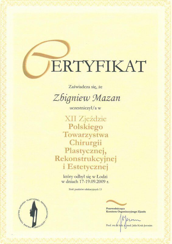 Certyfikat dla Zbigniewa Mazana - Klinika chirurgii Mazan