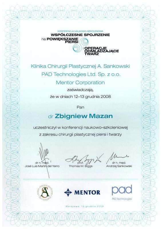 Certyfikat dla Zbigniewa Mazana - Klinika chirurgii Mazan