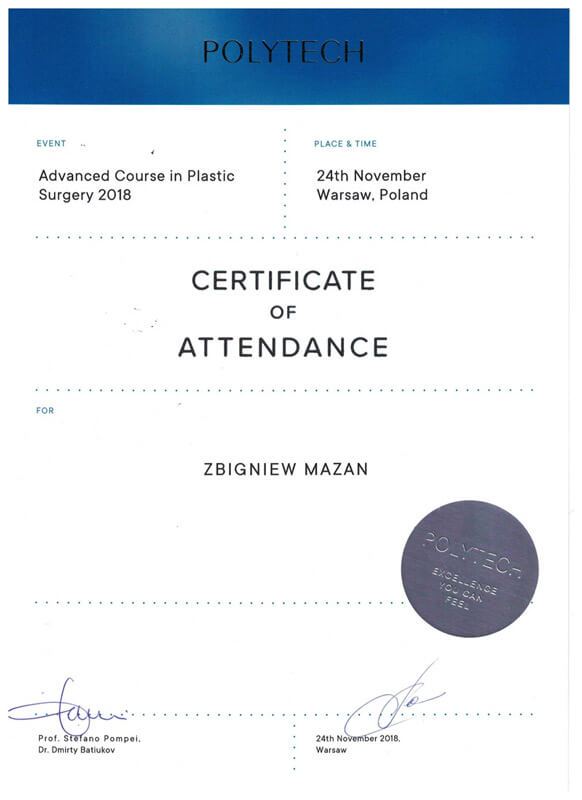 Certyfikat dla Zbigniewa Mazana - Klinika Mazana
