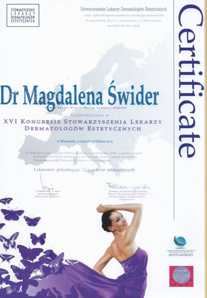 Certyfikat specjalisty medycyny estetycznej - dr Magdalena Świder - Klinika chirurgii Mazan