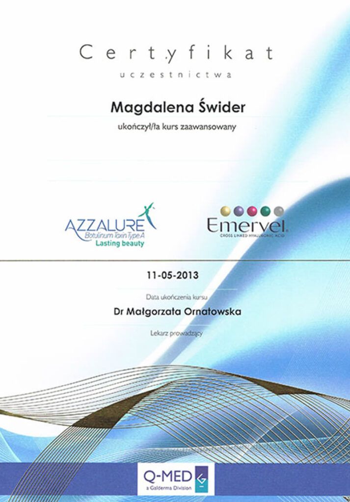 Certyfikat toksyno botulinowa (botox) i kwas hialuronowy - dr Magdalena Świder - Klinika chirurgii Mazan