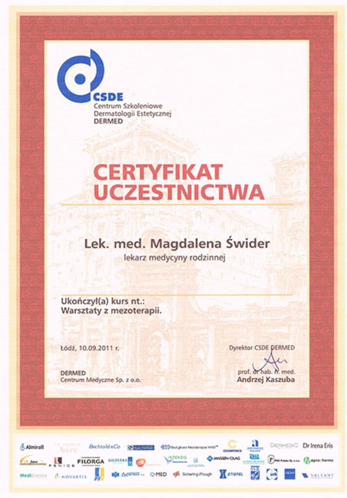 Certyfikat mezoterapia - dr Magdalena Świder - Klinika chirurgii Mazan