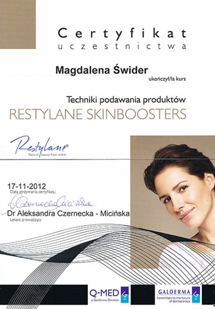 kwas hialuronowy Certyfikat specjalisty medycyny estetycznej - dr Magdalena Świder - Klinika chirurgii Mazan