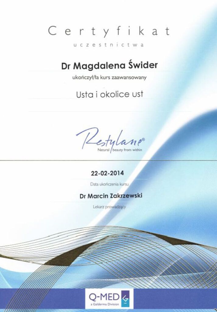 kwas hialuronowy Certyfikat specjalisty medycyny estetycznej - dr Magdalena Świder - Klinika chirurgii Mazan