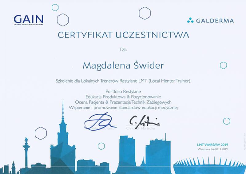 Certyfikat specjalisty medycyny estetycznej - dr Magdalena Świder - Klinika chirurgii Mazan