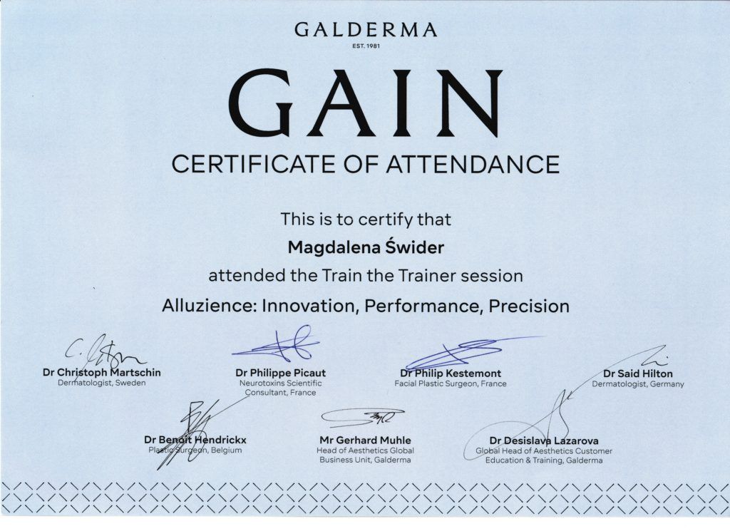 Certyfikat specjalisty medycyny estetycznej Galderma Gain
