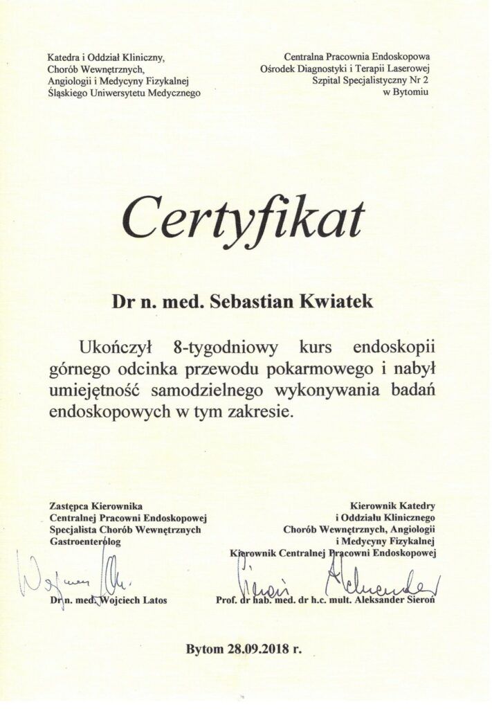 dr n. med. Sebastian Kwiatek certyfikat