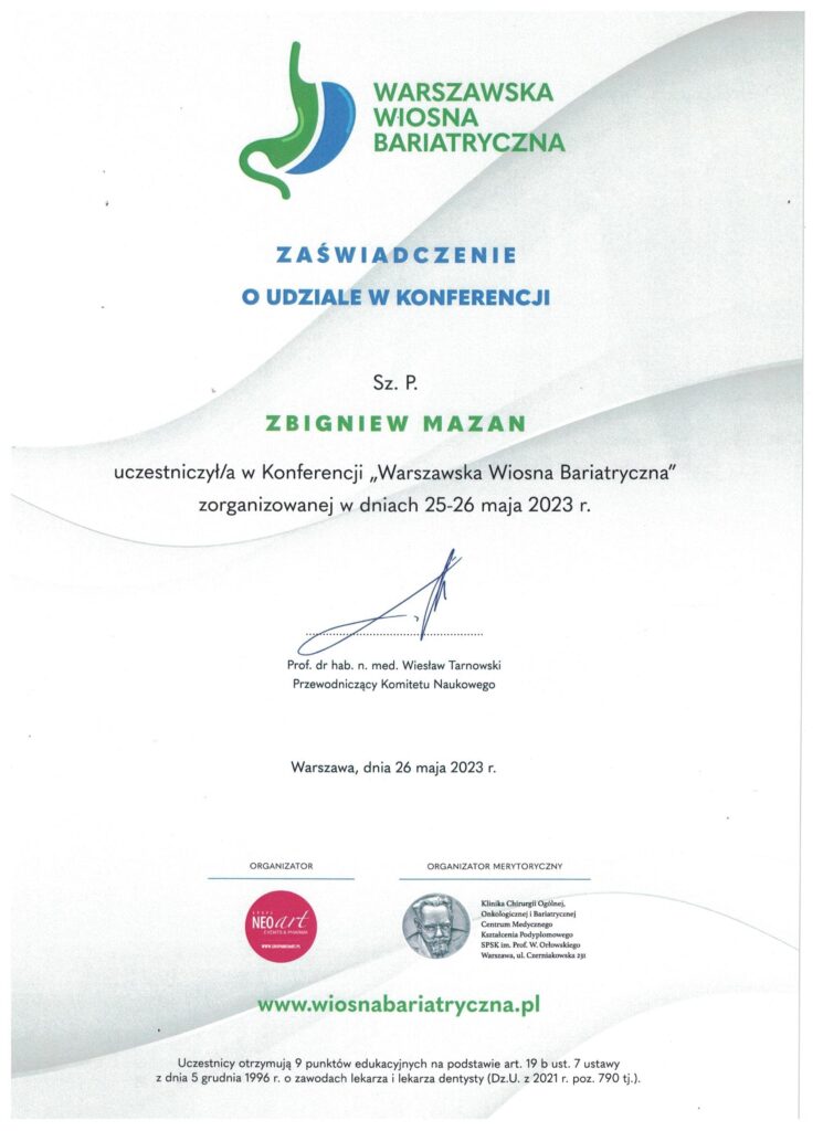 certyfikat warszawska wioska bariatryczna zbigniew mazan